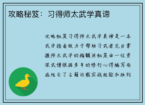 攻略秘笈：习得师太武学真谛